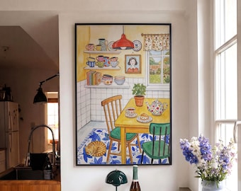 Colorful Kitchen Wall Art, Quirky Dining Room Decor, Dopamine Apartment Poster, Cozy Cottagecore Print, Eclectic Home Art, Cat Lover Gift