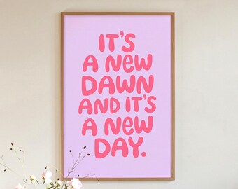 Pink Quote Print, Feeling Good Song Lyric Poster, Bubble Letters, Framed or Unframed Lilac Typography Wall Art, Fresh Start Gift