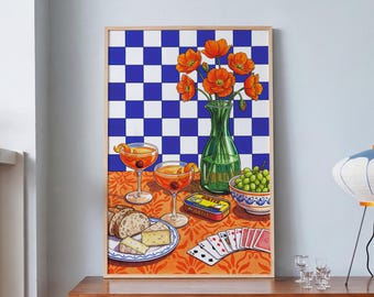 Colorful Still Life Poster, Tinned Fish Art, Dopamine Decor, Cocktail Wall Print, Eclectic Dining Room Wall Art, Retro Playing Card Poster