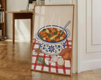 Cozy Soup Illustration Farmhouse Kitchen Decor Rustic Vintage Food Art Print Cottagecore Cooking Poster Dining Room Wall Art Prints