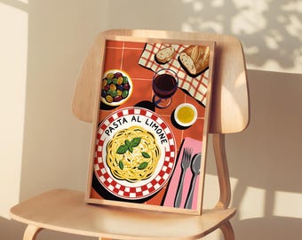 Pasta al Limone Poster, Italian Kitchen Wall Art, Vintage Food Print, Mediterranean Decor, Dining Room Artwork, Retro Pasta Illustration