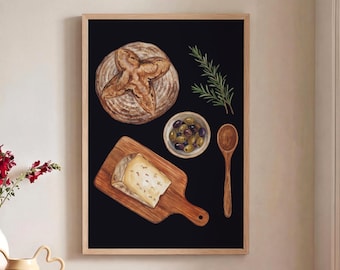 Könnte beinhalten: Ein gerahmter Wandkunstdruck mit schwarzem Hintergrund zeigt eine Illustration von oben mit einem runden Laib krustigem Brot, einer kleinen Schale mit grünen und schwarzen Oliven, einem grünen Rosmarinzweig, einem Holzlöffel und Käse auf einem Brett.