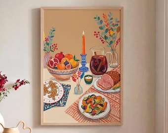 Festive Dinner Print, Cozy Dining Room Wall Art, Dopamine Decor, Holiday Table Poster, Autumn Feast Decor, Eclectic Vintage Food Print