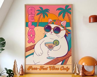 Funny Cat Poster, Relax Purr-fect Vibes Only Print, White Kitty in Sunglasses with Meow-garita on Beach Chair, Framed or Unframed