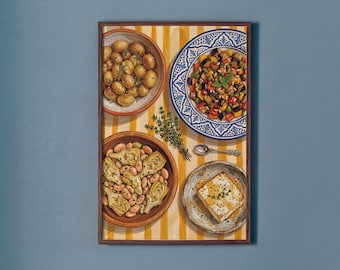 Mediterranean Food Poster, Italian Kitchen Art, Vintage Dining Room Decor, Mezze Tapas Print, Summer Feast Still Life, Colorful Apartment