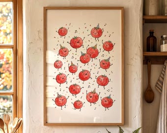 Funny Kitchen Wall Art, Dancing Tomato Poster, Quirky Dining Room Decor, Dopamine Apartment Decor, Cherry Tomato Print, Colorful Veggies