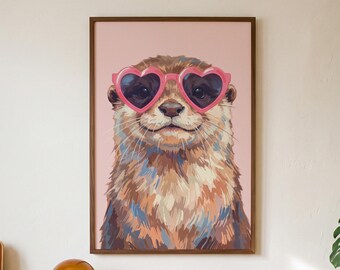 Otter Print, Pink Heart Sunglasses Preppy Animal Art