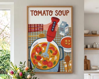 Tomato Soup Recipe Poster, Retro Kitchen Decor, Dopamine Decor, Funny Kitchen Art, Cooking Wall Art, Vintage Food Print, Eclectic Room Decor