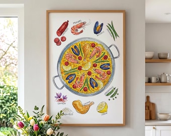 Paella Poster, Spanish Food Wall Art, Seafood Kitchen Print, Framed or Unframed Mediterranean Dining Room Decor, Foodie Gift
