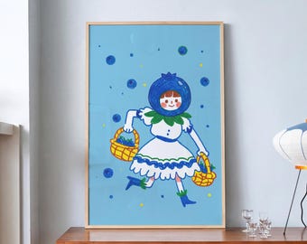 Blueberry Girl Poster, Whimsical Kitchen Wall Decor, Cute Fruit Art Print, Dopamine Decor, Quirky Dining Room Art, Colorful Apartment