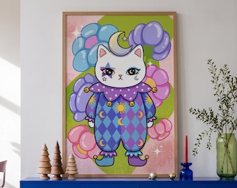 Harlequin Cat Print, White Kitty in Pastel Clown Suit with Balloons, Framed or Unframed Whimsical Circus Art, Birthday Gift for Her