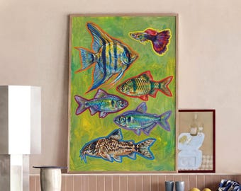 Vintage Fish Print, Tropical Fish Art, Dopamine Decor, Colorful Wall Art, Eclectic Wall Decor, Maximalist Art Print, Quirky Room Poster