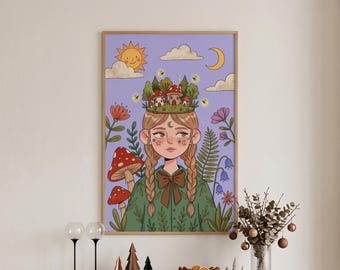 Mushroom Girl Art, Cottagecore Portrait Print, Braids and Village Crown