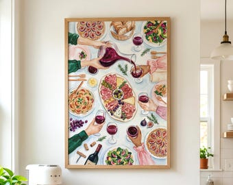 Dinner Party Poster, Italian Kitchen Art, Charcuterie Board Art, Wine Lover Gift, Watercolor Food Print, Dining Room Wall Decor