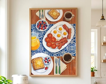 Breakfast Table Poster, Colorful Kitchen Art, Dopamine Decor Aesthetic, Sunday Morning Print, Eclectic Dining Room, Cozy Food Wall Decor