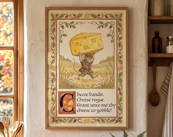Cheese Bandit Kitchen Wall Art Print, Funny Mouse Poster, Medieval Animal Artwork, Cottagecore Kitchen Decor, Dining Room Art