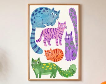 Cute Cat Print, Colorful Whimsical Patterned Kitties Collection