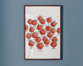 Dancing Tomato Poster, Cute Kitchen Art, Dopamine Decor Aesthetic, Whimsical Vegetable Print, Funny Food Sign, Eclectic Room Wall Decor