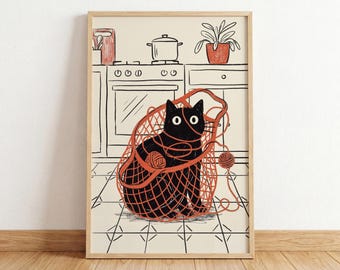 Funny Black Cat Art, Quirky Kitchen Decor, Cat Lover Gift, Minimalist Wall Art, Humorous Animal Poster, Dopamine Decor, Mid Century Print