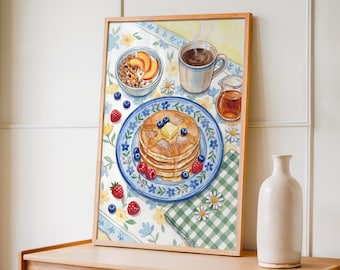Pancake Poster Art, Breakfast Food Print, Coffee Bar Decor, Cottagecore Kitchen Wall Decor, Watercolor Dining Room Art, Dopamine Decor Print