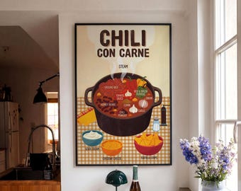 Może przedstawiać: Oprawiony plakat ścienny zatytułowany Chili Con Carne przedstawiający duży czarny garnek wypełniony mieloną wołowiną, czerwoną fasolą, sosem pomidorowym, papryką, cebulą, czosnkiem i kminem. Poniżej znajdują się miseczki ze śmietaną, serem cheddar i chipsami tortilla.