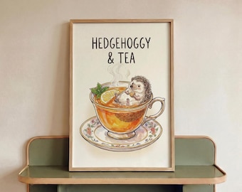 Hedgehoggy & Tea Kitchen Wall Art Print, Cute Hedgehog Tea Cup Poster, Whimsical Animal Kitchen Decor, Dining Room Art