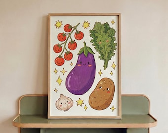 Cute Kawaii Vegetable Print Funny Kitchen Art Colorful Dopamine Decor Whimsical Food Poster Dining Room Wall Art Quirky Cooking Poster