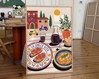 La Dolce Vita Poster, Italian Kitchen Art, Mediterranean Decor, Pasta Wall Print, Vintage Food Wall Art, Colorful Dining Room Decor Gift