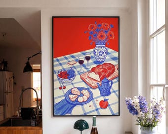 French Country Decor Gingham Art Print, Red And Blue Kitchen Wall Art, Retro Food Poster, Dopamine Decor, Eclectic Dining Art Illustration