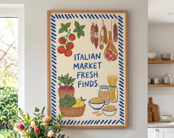 Italian Market Print, Vintage Kitchen Art, Pasta Poster, Dopamine Decor, Eclectic Dining Room Wall Decor, Colorful Mediterranean Food Art