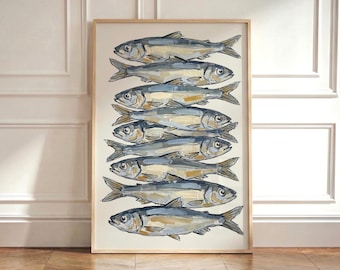 Sardines Vintage Fish Print, Farmhouse Kitchen Wall Art, Coastal Dining Room Decor, Rustic Seafood Poster, Neutral Kitchen Artwork Gift