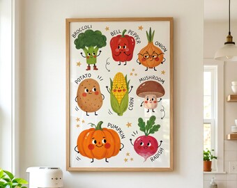 Cute Vegetable Poster, Funny Kitchen Art, Playful Dining Room Decor, Whimsical Food Print, Dopamine Decor, Colorful Nursery Wall Art
