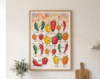 Funny Kitchen Art, Chili Pepper Print, Quirky Wall Decor, Fiesta Party Poster, Dopamine Decor, Colorful Apartment, Dining Room Wall Art