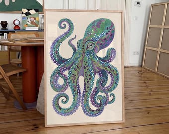 Octopus Wall Art, Colorful Coastal Art, Dopamine Decor, Eclectic Wall Decor, Nautical Room Print, Maximalist Art Print, Dining Room Art