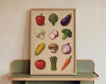 Vegetable Chart Wall Art, Botanical Kitchen Poster, Culinary Print, Farm Fresh Food Decor, Healthy Cooking Illustration, Dining Room Art