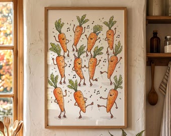 Cute Vegetable Poster, Funny Kitchen Art, Dancing Carrot Print, Dopamine Decor, Playful Dining Room Wall Art, Whimsical Playroom Decor