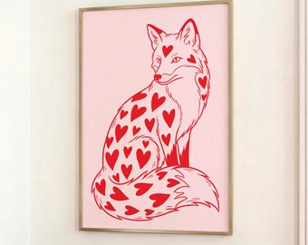 Fox Line Art, Red Heart Print, Minimal Valentine Animal Drawing
