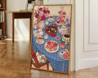 Cat Lover Gift, Cozy Tea Party Print, Cottagecore Decor, Vintage Kitchen Artwork, Dopamine Decor, Romantic Dining Room Poster Wall Art