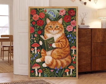 Cat Reading Book Print, Orange Tabby Among Roses and Mushrooms, Cottagecore Garden Art, Framed or Unframed Cozy Nook Decor, Reader Gift