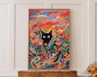 Black Cat Wall Art, Expressive Flower Field at Sunset Painting, Colorful Kitty Among Wildflowers, Framed or Unframed Living Room Decor