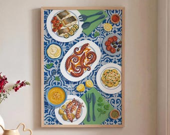 Mediterranean Art, Coastal Kitchen Art, Seafood Poster, Dopamine Decor, Blue Tile Wall Decor, Spanish Food Print, Dining Room Wall Art