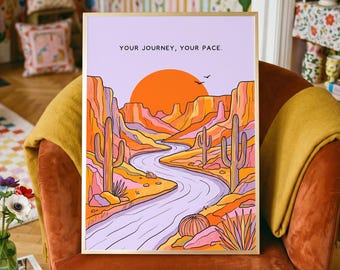 Desert Wall Art, Canyon River and Saguaro Under Orange Sun Print, Lilac Sky Southwest Poster, Framed or Unframed Travel Quote Decor