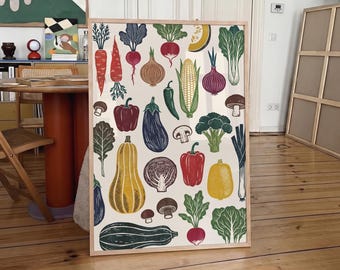 Vintage Kitchen Art Vegetable Poster Rustic Kitchen Decor Botanical Food Print Linocut Style Art Farmhouse Kitchen Dining Room Wall Art