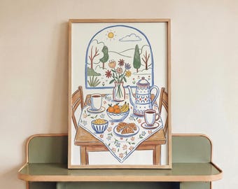 Cottagecore Breakfast Table Print Cozy Coffee Bar Decor Vintage Kitchen Art Prints Floral Window Poster Dining Room Wall Art Morning Vibe