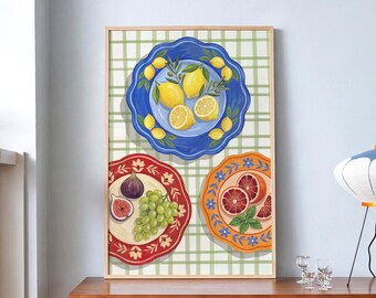 Italian Kitchen Art Colorful Fruit Print Mediterranean Decor Gingham Poster Vintage Food Prints Dining Room Wall Art Eclectic Room Vibe