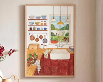 Cozy Farmhouse Kitchen Decor, Cottagecore Wall Art, Rustic Dining Room Print, Hand Drawn Illustration, Unique Vintage Kitchen Artwork