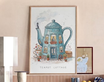 Teapot Cottage Poster, Whimsical Kitchen Decor, Watercolor Tea Time Print, Cottagecore Wall Art, Cozy Dining Room Art, Coffee Bar Decor