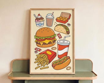 Funny Kitchen Art Fast Food Print Retro Diner Poster Quirky Kitchen Decor Colorful Wall Art Dopamine Decor Dining Room Art Burger Poster