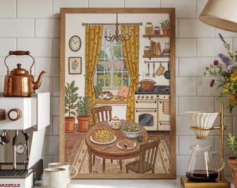 Kitchen Wall Art, Cat Cottagecore Decor, Dining Room Illustration, Farmhouse Poster, Cozy Home Aesthetic, Rustic Print, Whimsical Gift