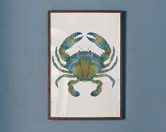 Blue Crab Wall Art, Coastal Wall Decor, Seafood Poster, Dopamine Decor, Nautical Room Print, Colorful Beach Art, Unique Kitchen Wall Decor